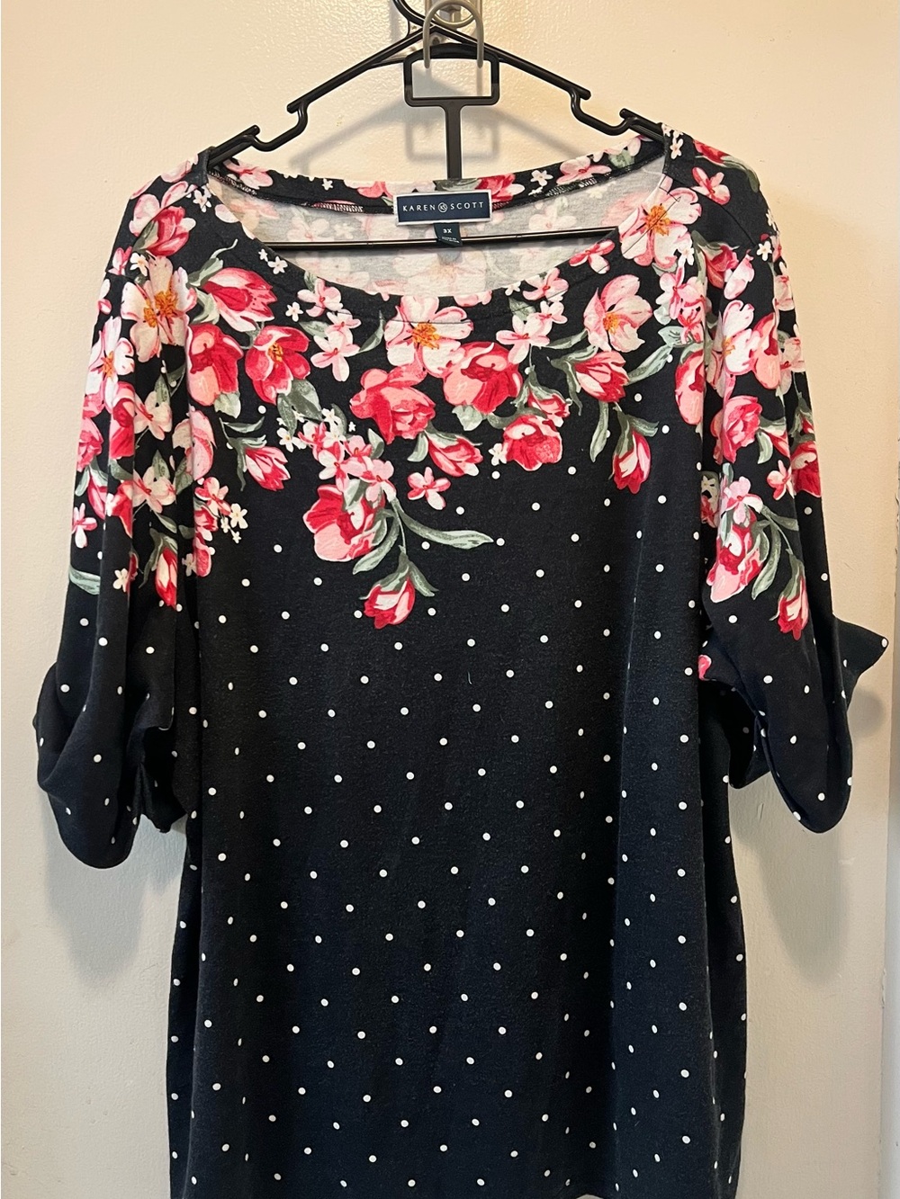 Karen Scott Black Polka Dot Scoop Neck Top with Pink Floral Accents